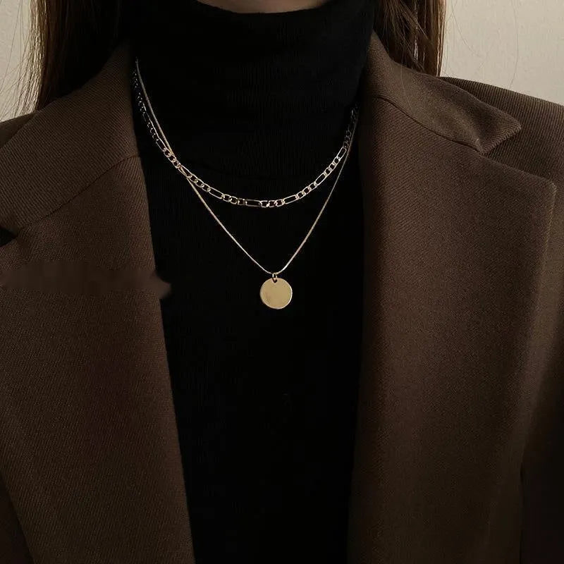 Women's double-layer necklace with geometric rhinestone pendant on alloy chain