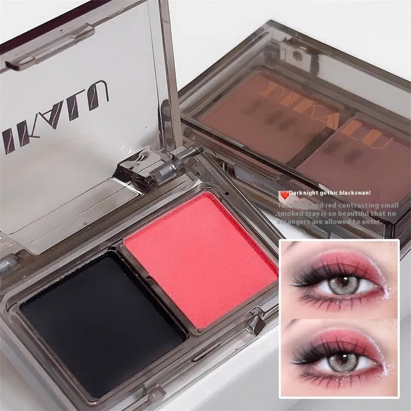 Two-tone eyeshadow palette showing pink and black matte shimmer shades in five punk colour combinations