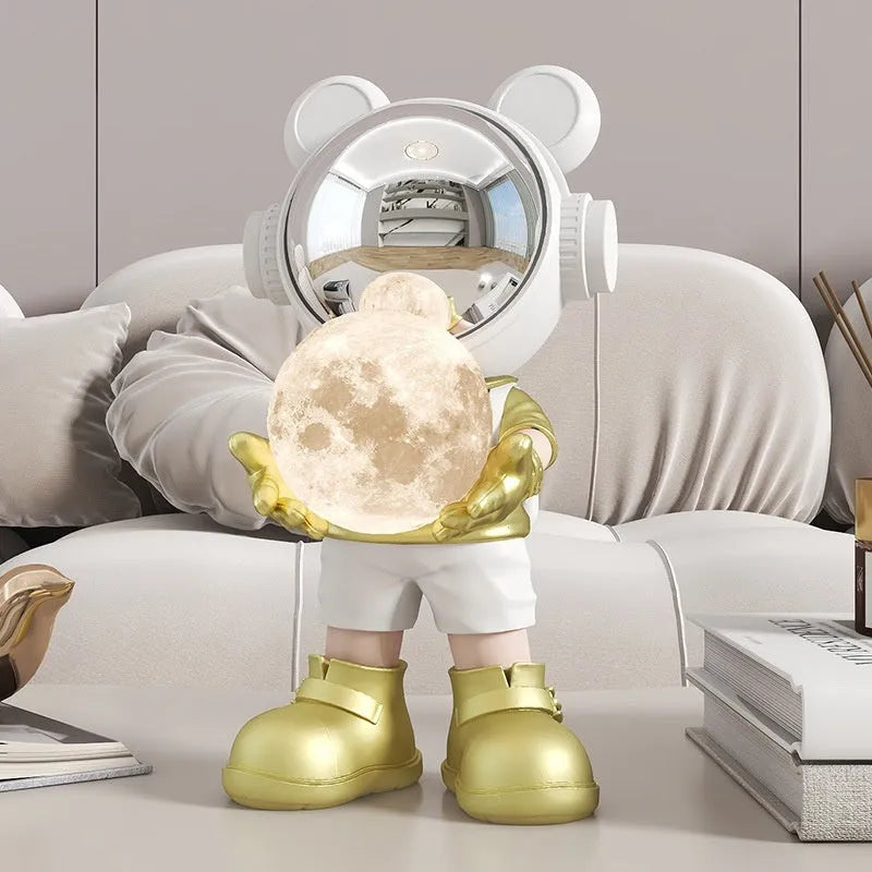 Gold resin desktop space bear moon night light astronaut decoration with stick-on silver mask