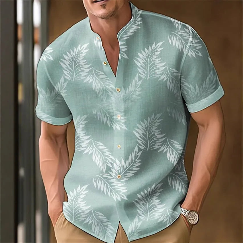 Men's printed casual shirt on a hanger, showing one of eight available colour options.