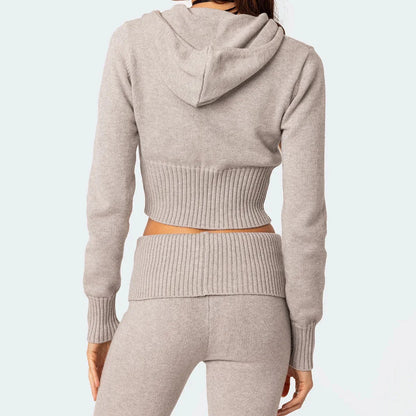 Women's knitted hooded suit with zipper cropped top and slim flared pants in street fashion style