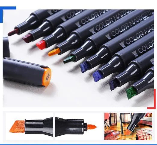 Double-headed alcohol animation paint pens with round and inclined tips in multiple colour sets