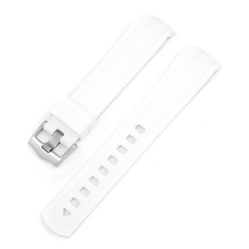 20mm width watch strap with silver buckle shown in multiple colour options including army green, sapphire blue, and dark red.