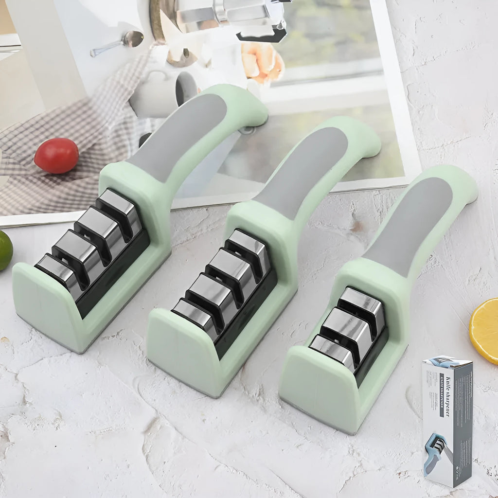 Multi-function kitchen knife sharpener with two-stage mouth colour box, ABS and TPR body, stainless steel and tungsten steel slots