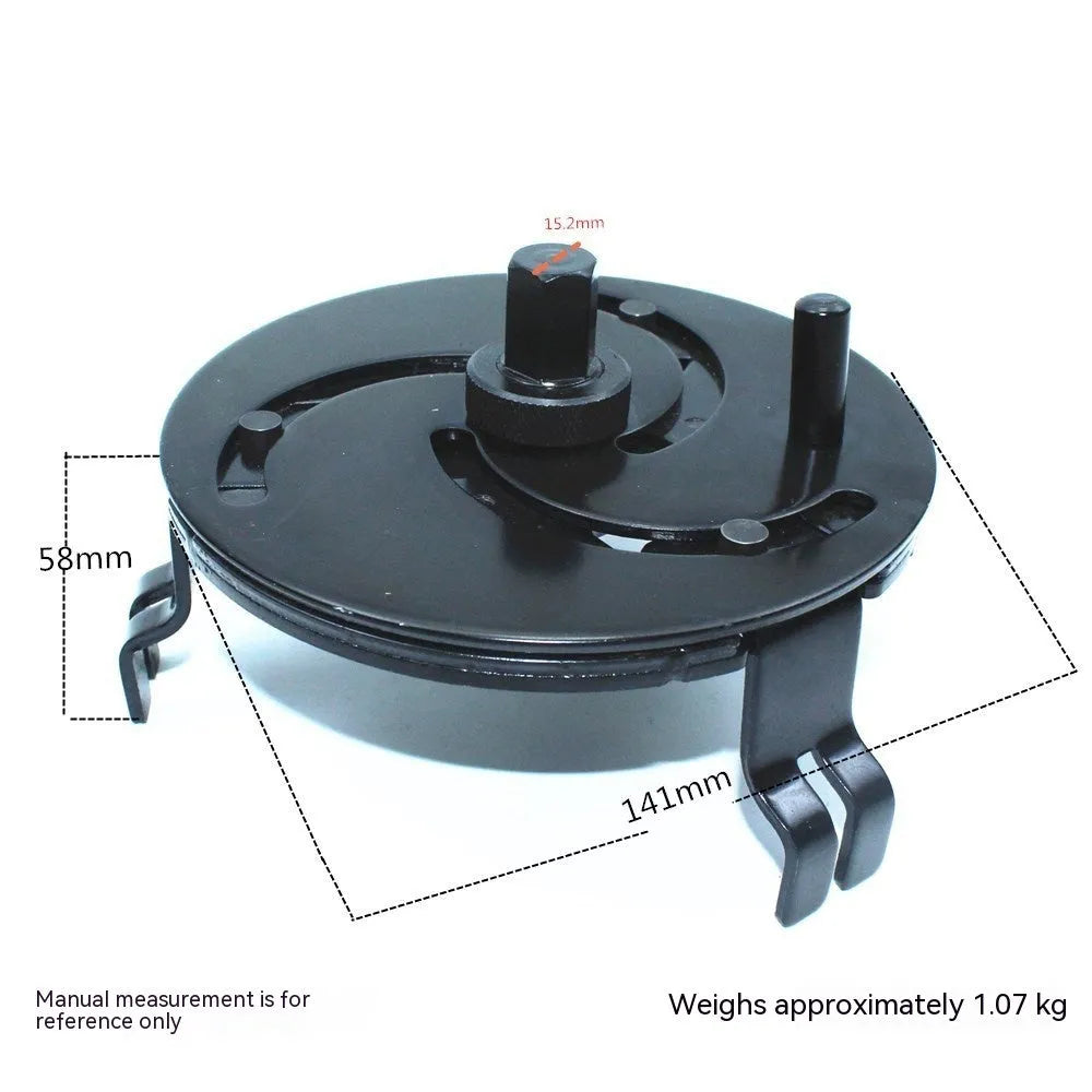 Black disk-shaped fuel tank cap wrench tool made from 45 steel for petrol cap removal.