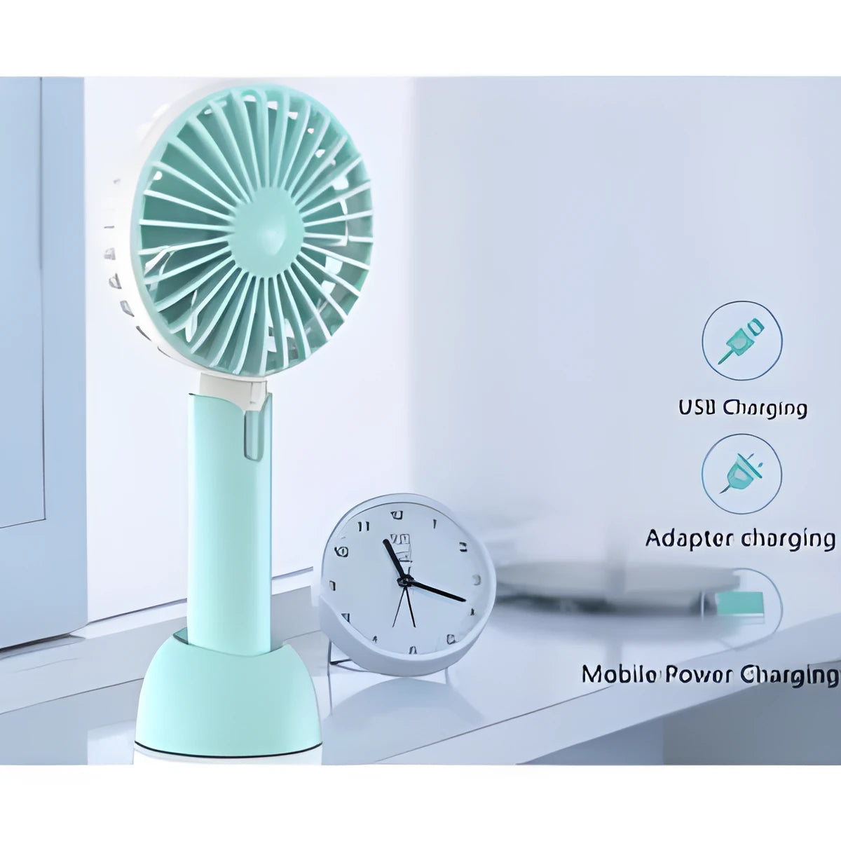Blue handheld and desktop mini USB electric fan with three speed settings.