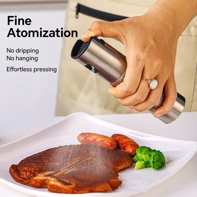Stainless steel oil injection bottle with press spray function for precise cooking oil application