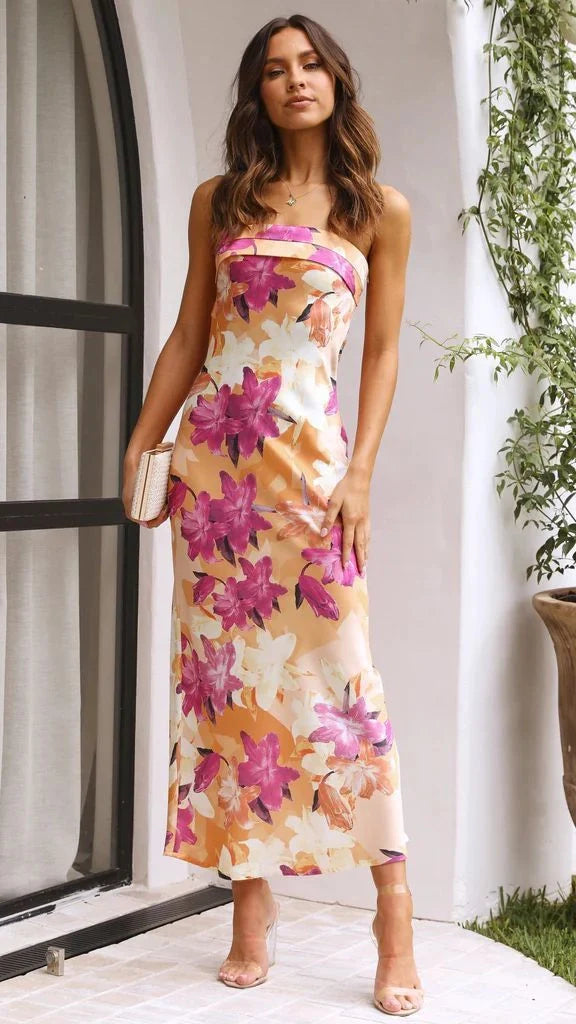 Summer tube top long dress with backless design and flowers print, available in multiple colours