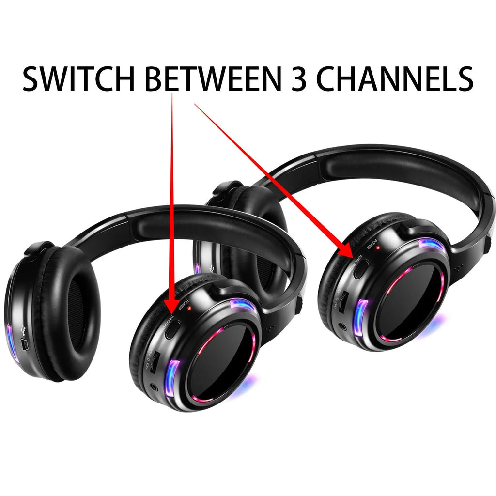 Black wireless silent disco headphones with head-mounted design and a 3.5mm plug