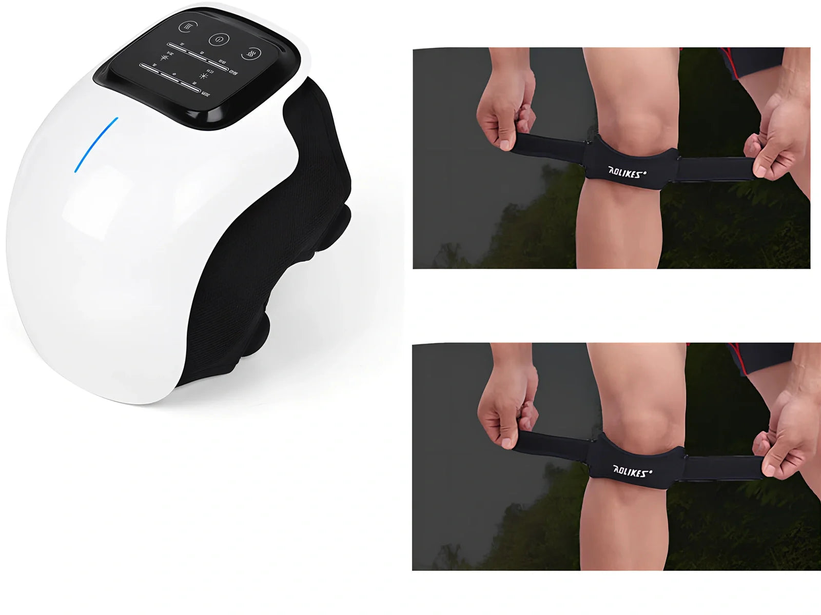 Smart knee massager with adjustable straps and LED display showing intensity levels