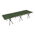 Portable folding camp bed with aluminium brackets in khaki colour, shown folded and in storage bag
