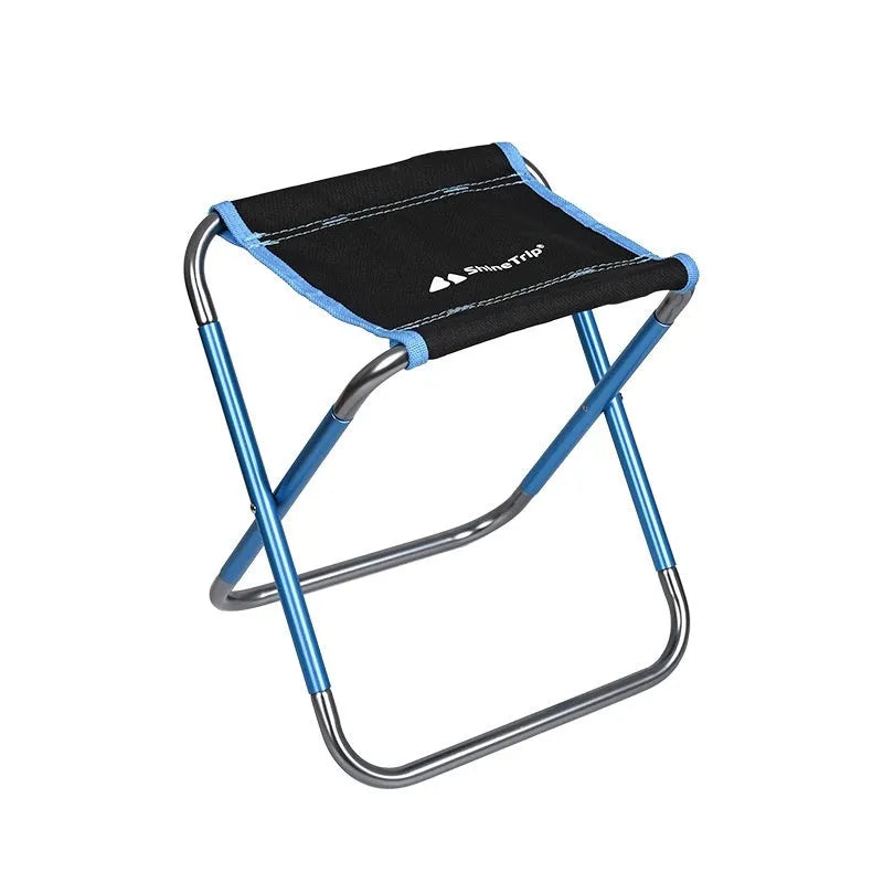 Black aluminium alloy folding camping stool in a national style, shown in folded and open positions.