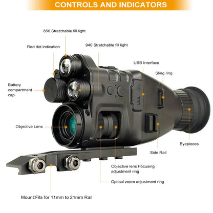 CY789 HD night vision photography instrument showing compact 106×97×47mm dimensions and optical components