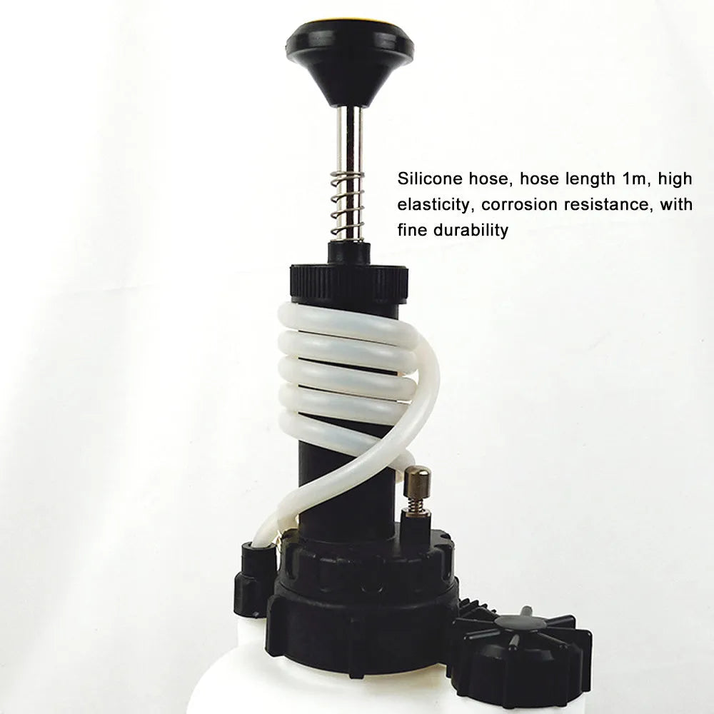 White 3-litre automotive brake fluid tank and bleeding tool with copper and iron components.