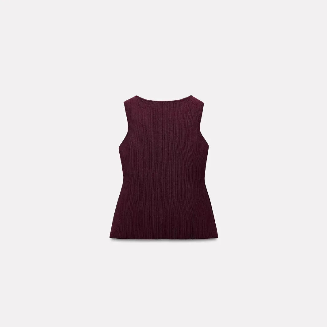 Women's dark red viscose vest with gold buttons and 3D pattern texture