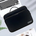 Black three-layer travel storage bag with waterproof polyester construction and sewing line detailing