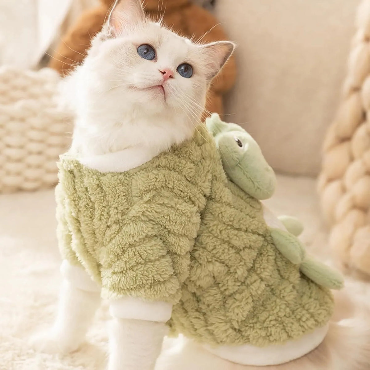 Green fluffy frog pet hoodie for small and medium dogs and cats with white trim and D-ring