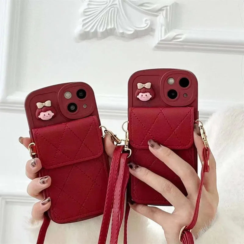 Red TPU crossbody card holder with lanyard for iPhone 15 showing diamond plaid pattern and rear card slot