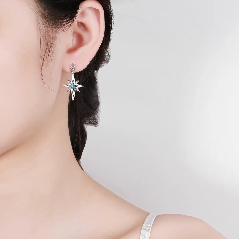 Women's Korean-style hexagonal star ear studs in copper with white gold plating, platinum colour