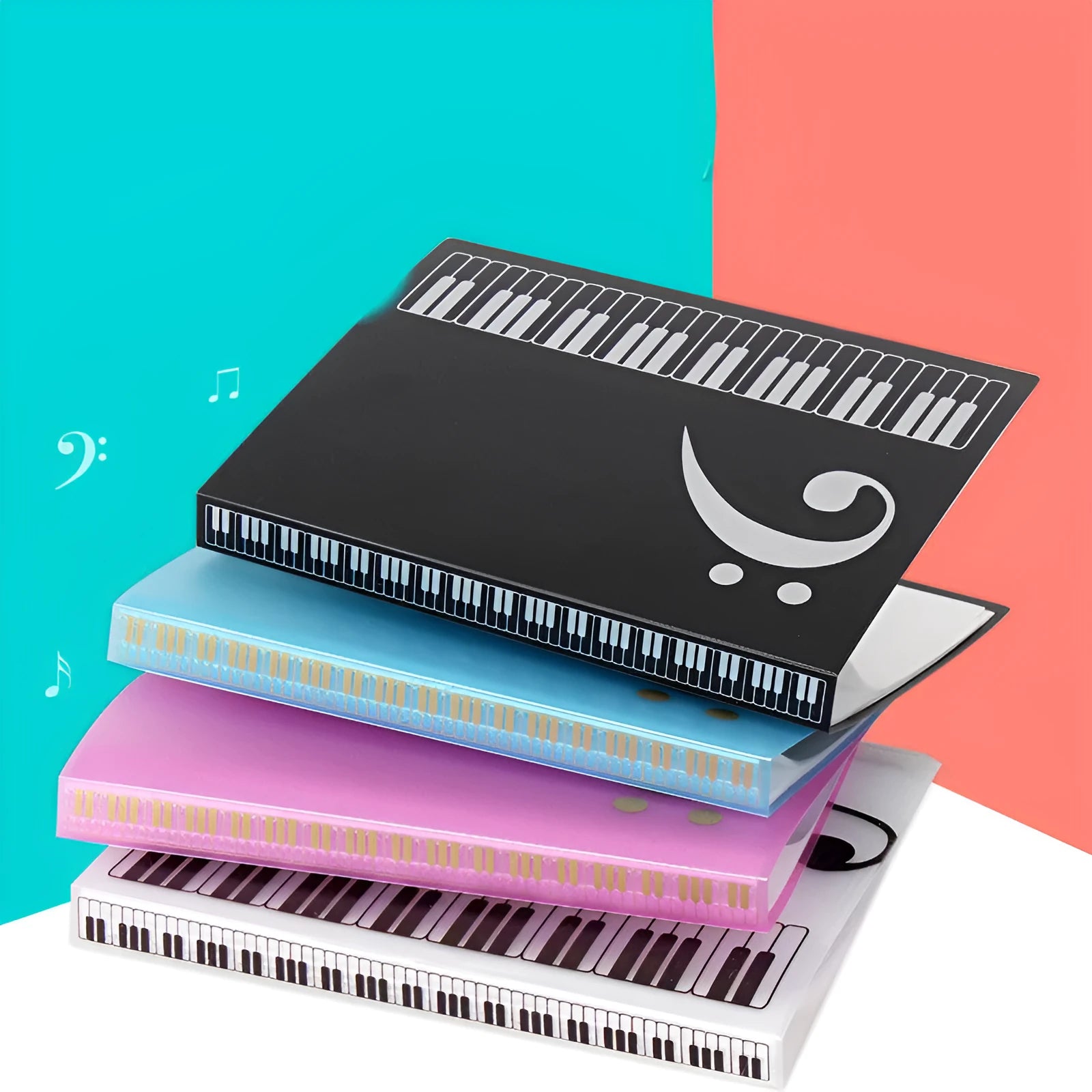 Piano score folder with transparent insert pockets in black, blue, white and pink colour options