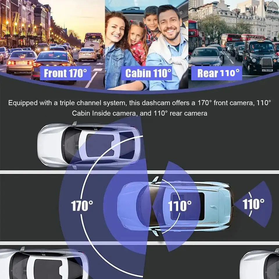 Black 3 lens car dash cam mounted on windshield with 3.0 inch screen