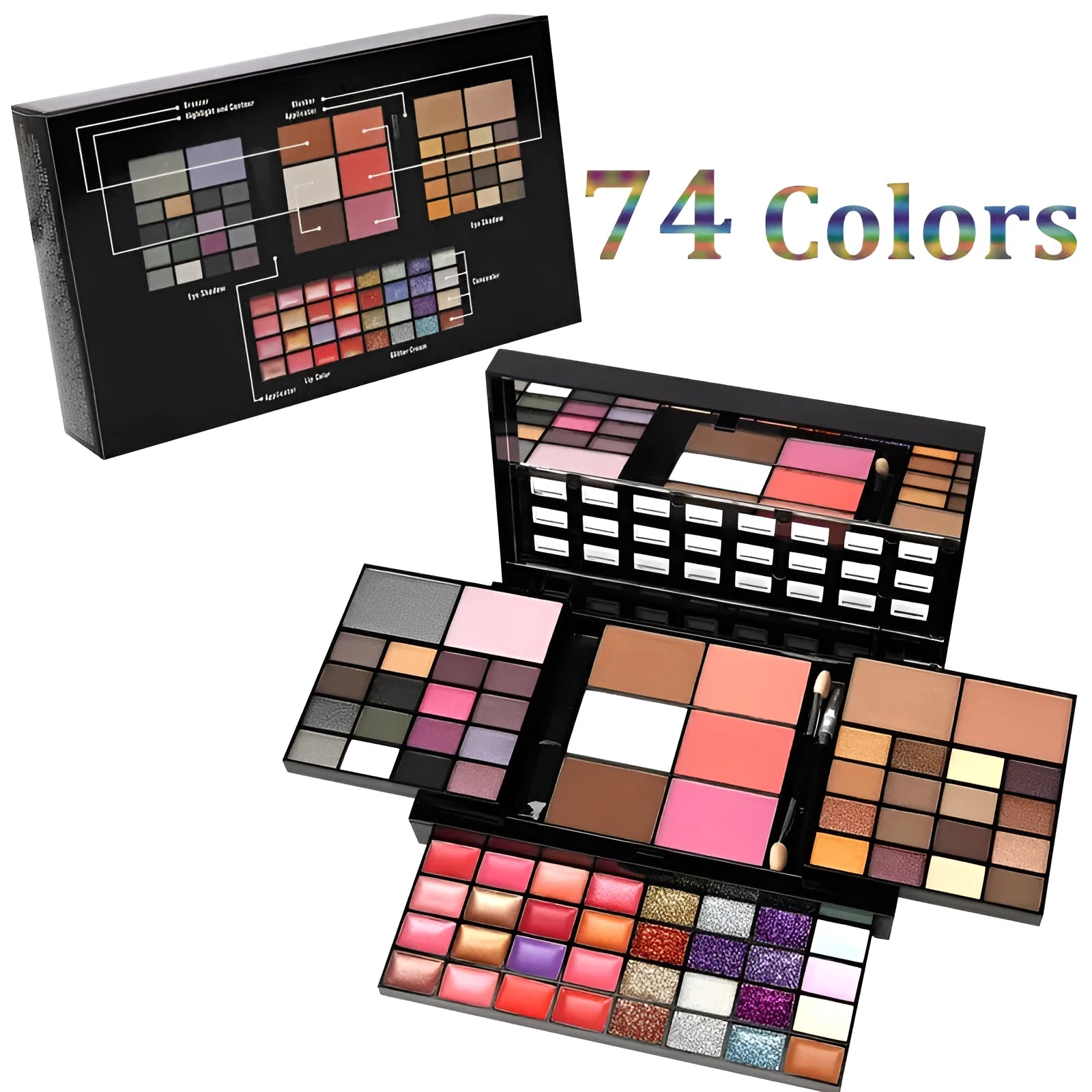 74 colour makeup palette with four layers, a mirror, and included brushes for eyeshadow, lip, and contour.