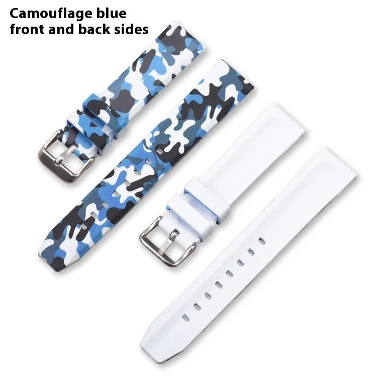 Green camouflage silicone watch strap with flat head universal lugs on a grey background