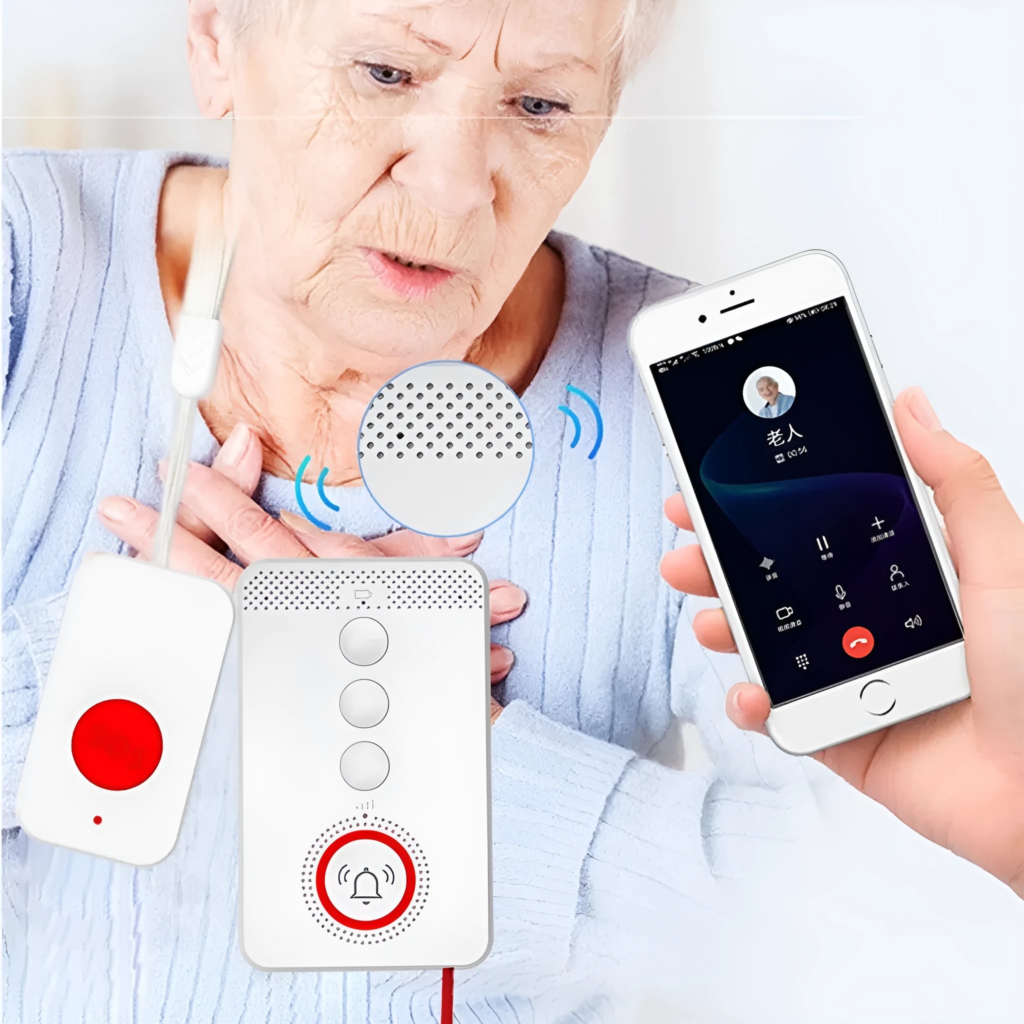 White emergency alert device with buzzer unit and three wireless emergency buttons for elderly care