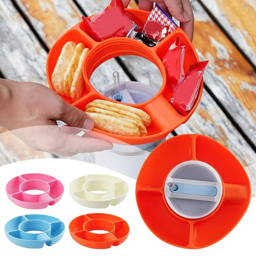 Reusable silicone snack container with four compartments, designed to fit 40oz Stanley tumblers, available in various colors