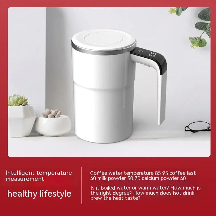 Black or white automatic stirring coffee mug with LCD display and USB charging cable