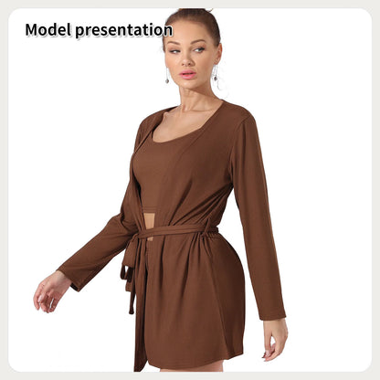 Women's solid colour suit set in Black or Coffee, includes top, shorts, and jacket