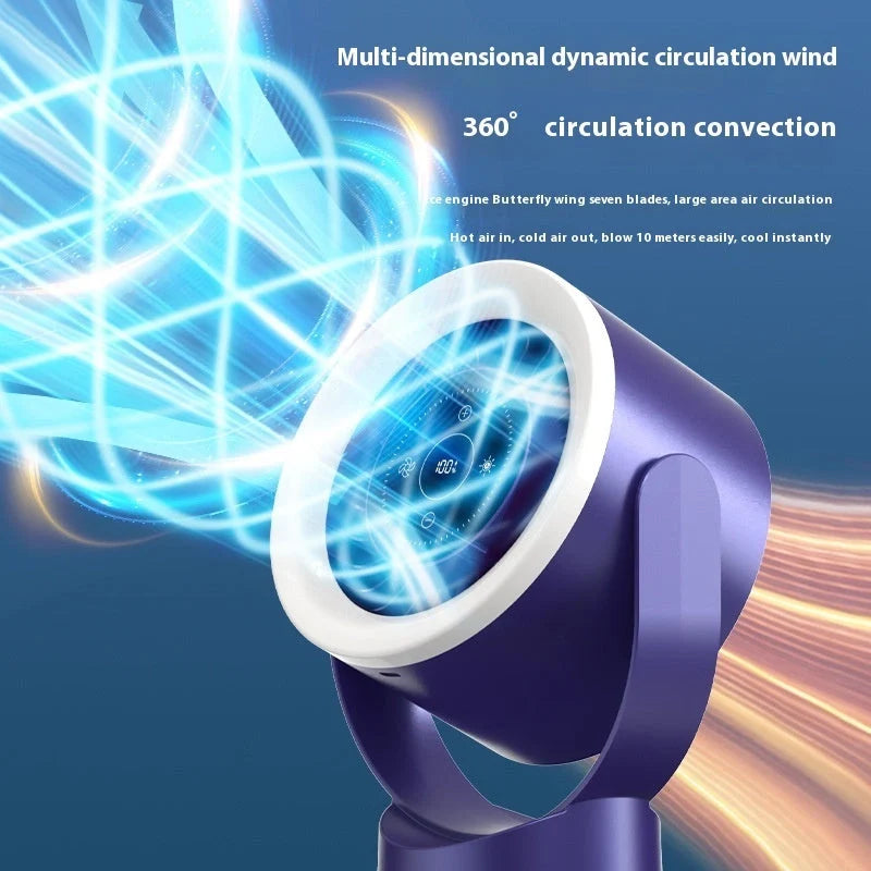 Adjustable USB desktop fan light with LED display in apricot, dark blue, and dark grey