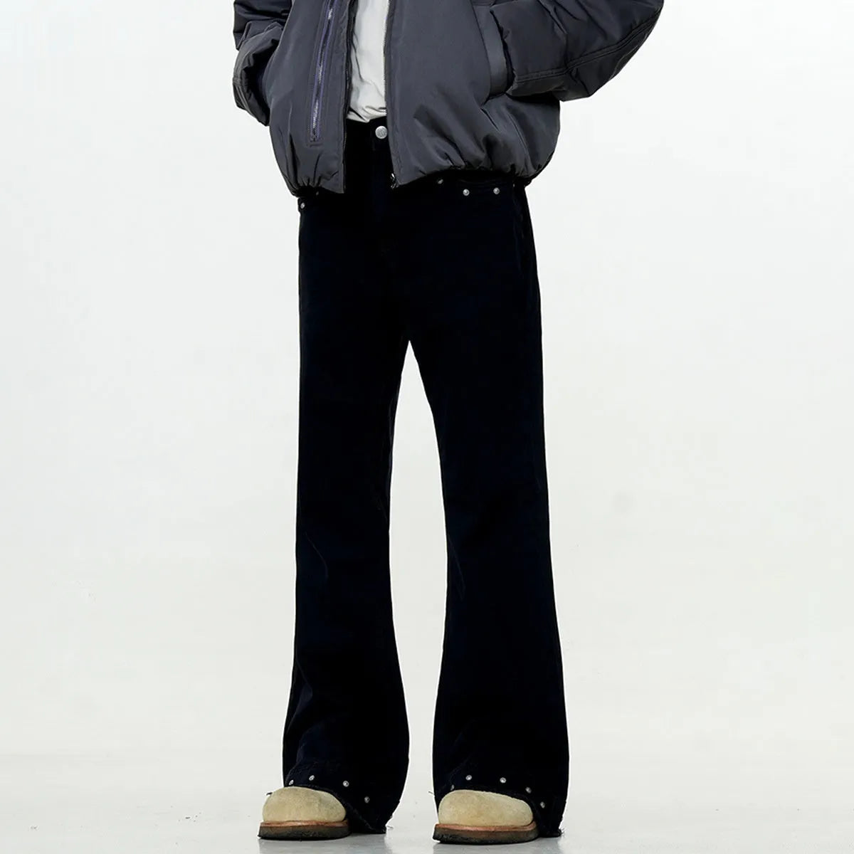 American retro skinny jeans in black and grey green, straight leg with mid waist and zip fly.