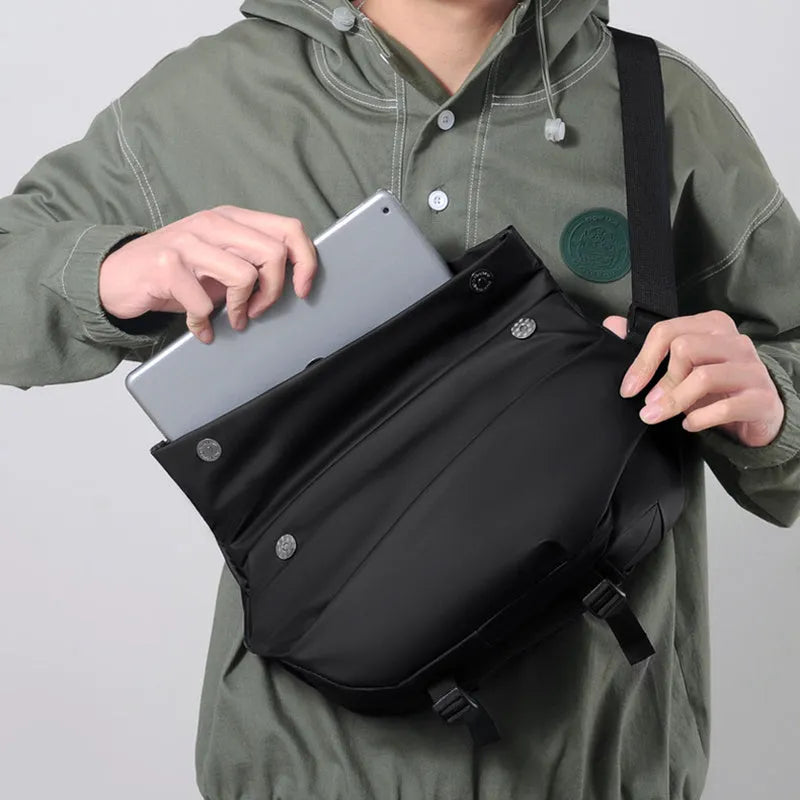 Grey and black men's medium PU crossbody bag with a zipper and internal organisers.