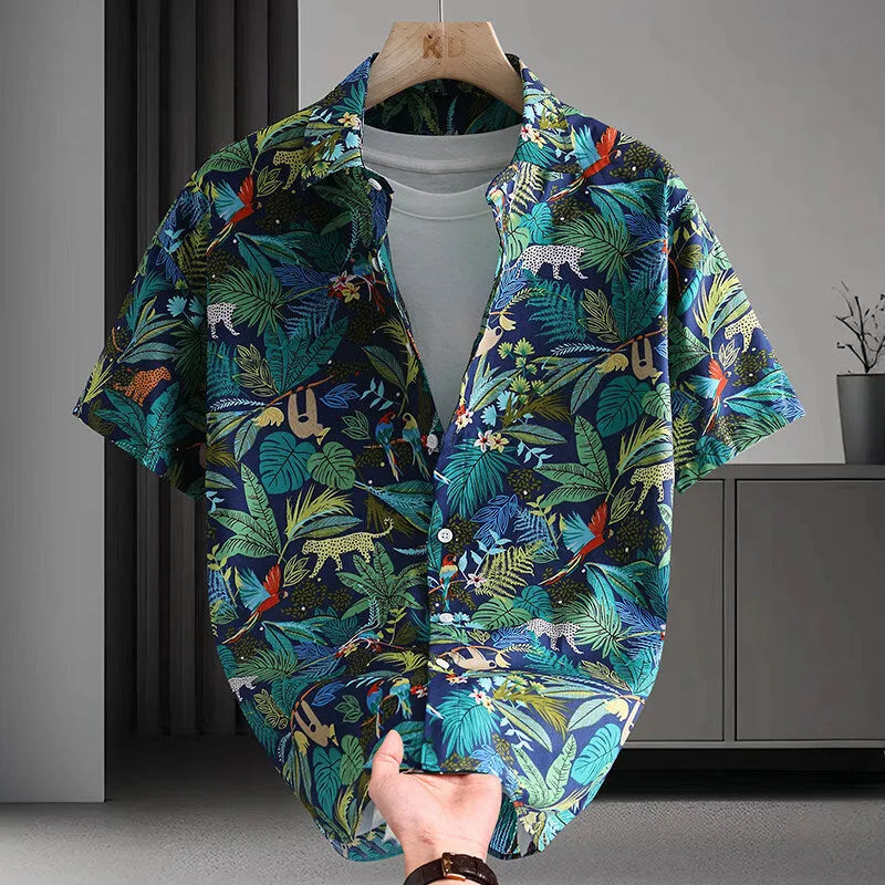 Men's short sleeve cotton shirt with colourful Hawaiian floral print, cardigan style.