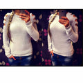 Women's grey hollow-out crocheted knitted long-sleeve shirt with round neck on a hanger.