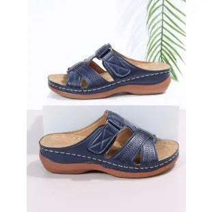 Women's hollow peep toe wedge sandals with Velcro straps in a choice of six colours.