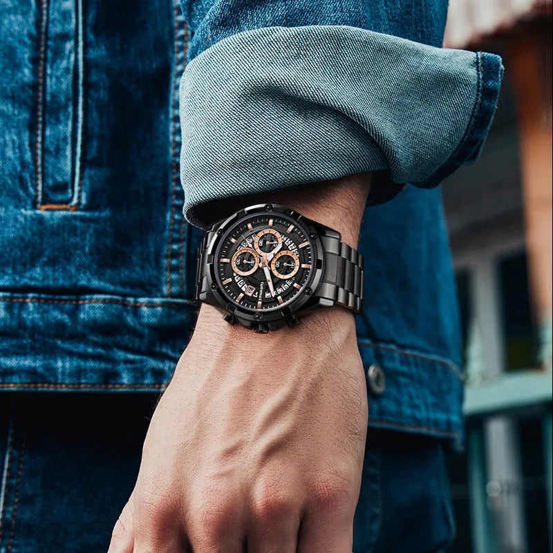 Men's waterproof luminous casual quartz watch with steel band in three colourway options.
