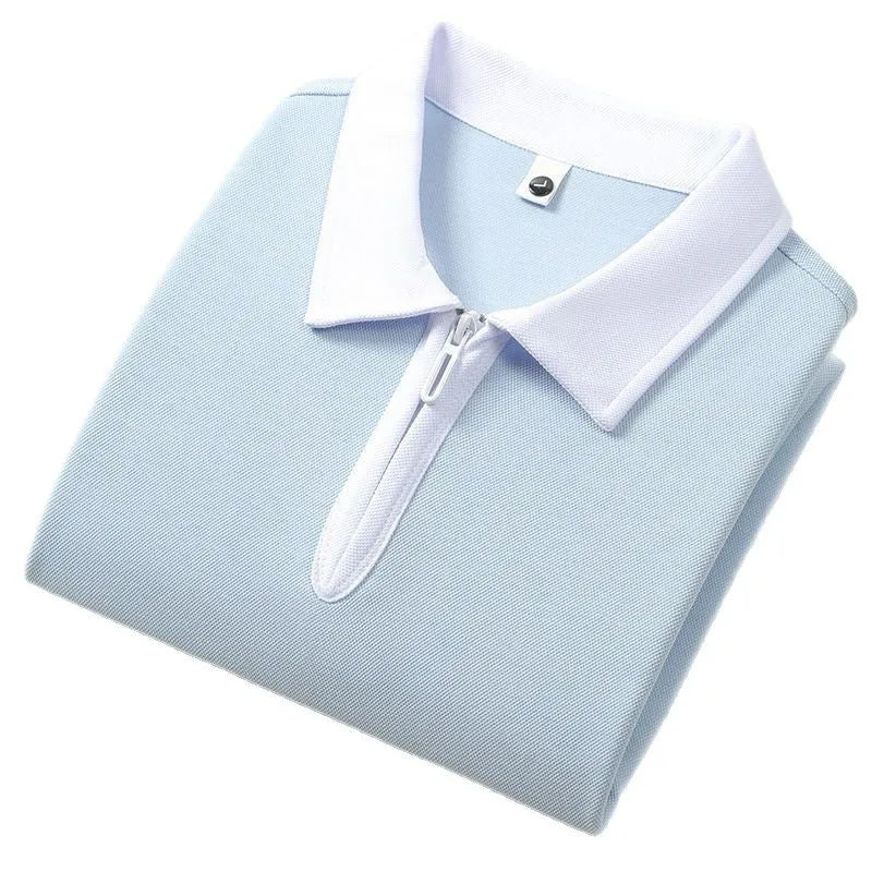 Loose fit navy blue zip and lapel polo shirt on a hanger