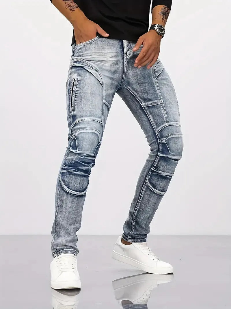 Retro casual stretch motorcycle jeans for men in light blue cotton denim, mid waist skinny fit with zip placket