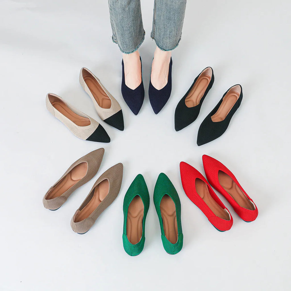 Women's flat heel knit pumps with pointed toe in multiple colours