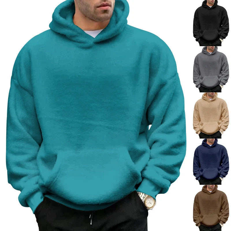 Men's double-sided velvet hooded sweater with pockets in various colours