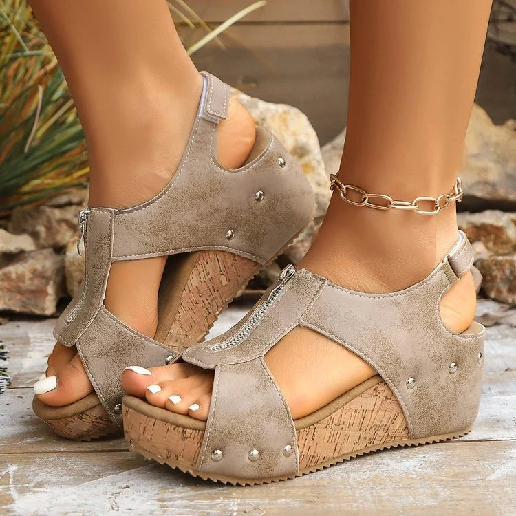 Women's lightweight zipper wedge sandals in black, brown, and milky white