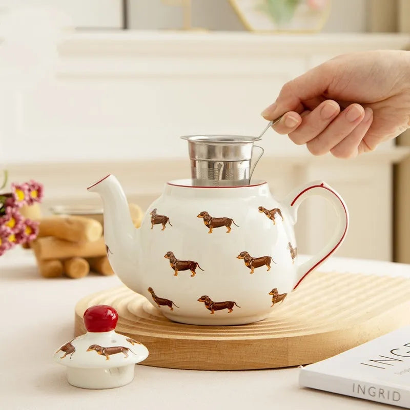 Ceramic sausage dog teapot mug cup and saucer three-piece set with strainer