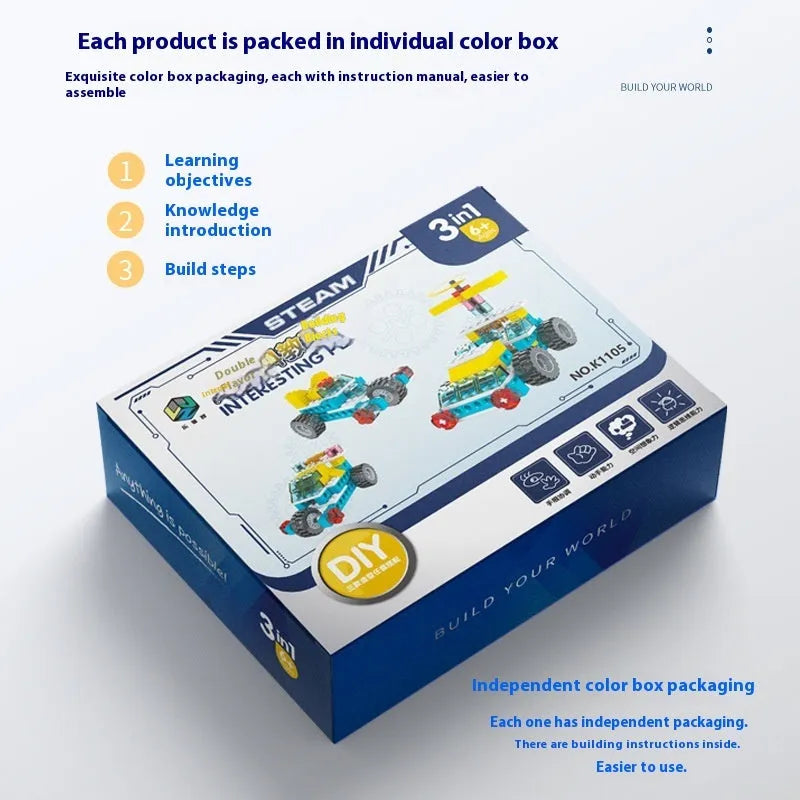 Three-in-one building block set compatible with Lego, plastic, 50-78 pieces, model measures 15x18x6 cm, colour box packaging
