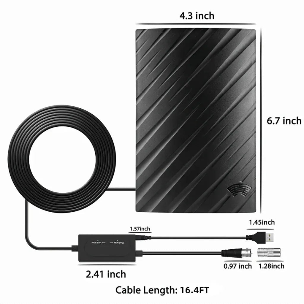 Black plastic digital television antenna with mounting hardware including expansion tubes, screws, cable ties and adhesive tape
