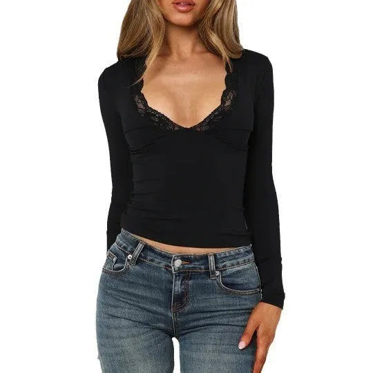 Women's slim fit long sleeve lace flower top in black and wine red colours
