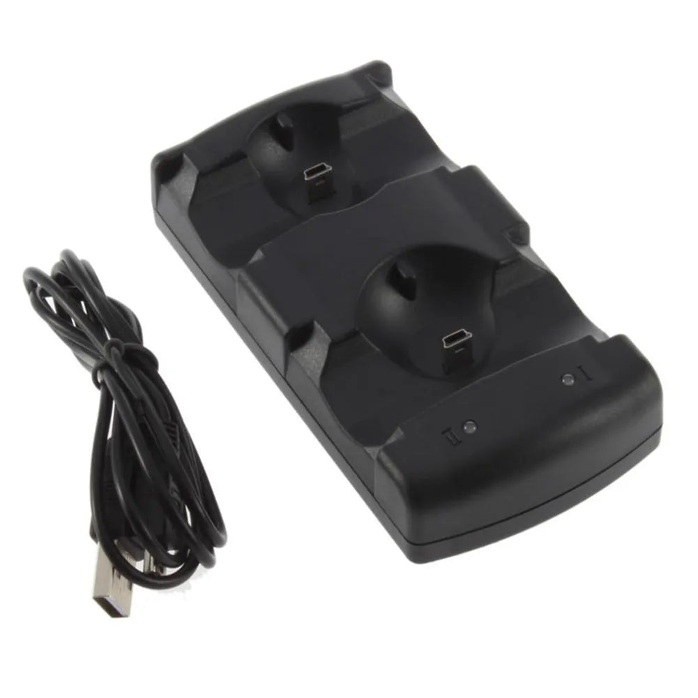 Black PS3 dual controller charging dock station showing two controllers on USB charging base.