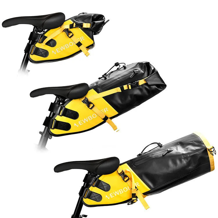 Large yellow waterproof PVC tail bag mounted on a bicycle rear, showing its 13L capacity.
