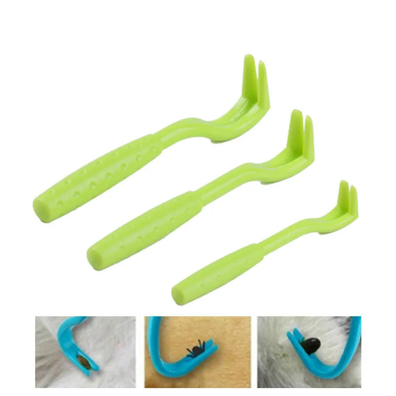 Three plastic tick removal clips for pets in blue and green colours